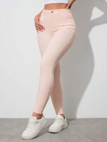 SHEIN ICON 女士休闲通勤简约纯色修身牛仔裤 - 淺粉色 - 查看 3