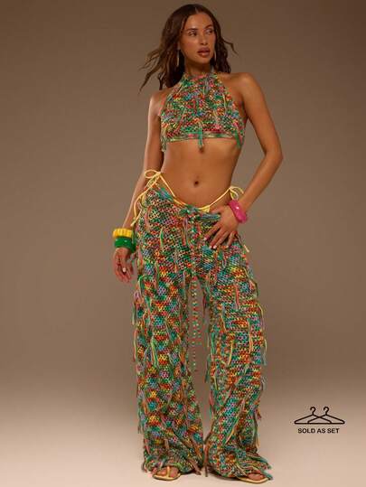 MUSERA Mixed Knit Multi Tassel Cropped Racer Neck And Low Waist Baggy Trouser Set Summer Beach Vacation Sexy Cute Boho Travel Festival Pocha