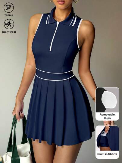SHEIN Rhythm Era Plus Size Women Patchwork Color Pleated Pocket Casual Daily Wear Sports Dress