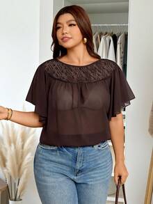 Vionelle Plus Size Brown Chiffon Elegant Summer Tea Party Top,Women's Sheer Casual Vacation Blouse With Hollow Floral Trim At Neckline & Shoulders Dinner Shirt - Coffee Brown - View 6