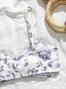 SHEIN 少女夏季印花可调节肩带三件套比基尼，适合海滩、海边、度假、游泳 - 淡紫色 - View 5