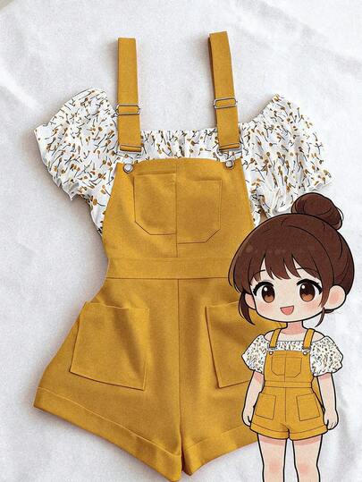 Sweetra Bộ áo và quần yếm tay bồng họa tiết hoa nhí cỡ lớn dành cho nữ.
