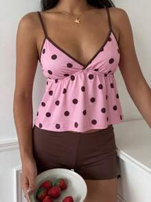 CovetEZ 撞色波点印花女式吊带背心 - 粉色 - 查看 5
