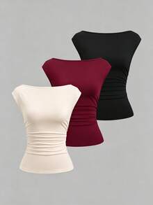 Sweetra Women's Summer New Minimalist Versatile Waist Cinched Solid Color Sleeveless Knit T-Shirt Set - Multicolor - View 2