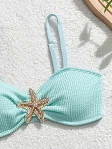 Swimwear, Tween Girls Bikini Sets, Tween Girls Swimwear Set, Casual Green Light Green Special Fabric, Knitted Fabric, Strapless Design, Starfish Decoration, Fashionable Leisure, Exquisite And Gorgeous Ladies Suitable For Swimming, Suitable For Summer Vacation, Beach Beach, Swimming Pool, Summer Party, Leisure Vacation Starfish Bikini Bikini Set For Girl Summer Bikini - Mint Green - View 3