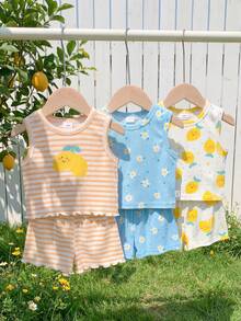 SHEIN Playful Pals 6件套女婴套装，白色、橙色、蓝色柠檬条纹、碎花、波点印花无袖上衣+松紧腰短裤，休闲可爱清新套装，柔软针织罗纹面料，适合春夏日常外出、上学、购物、公园、聚会、旅行等场合。 - 彩色 - 查看 10