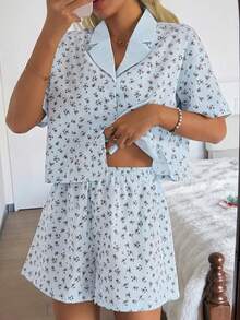 DAZY Women's Ditsy Floral Button-Up Short Sleeve Top And Shorts Pajama Set - White - View 10