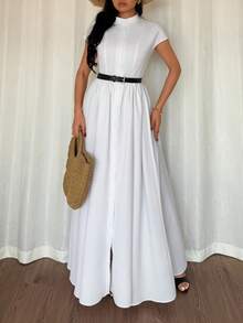 Rafferiza Elegant A-Line White Collar Short Sleeve Waist Ruched Dress For Women, Spring/Summer - White - View 4