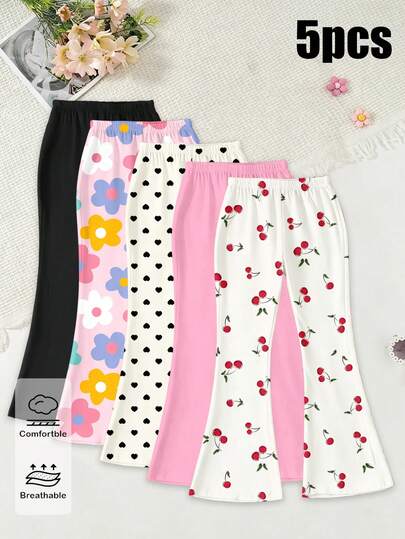 5pcs/Set Girls' Casual Fashionable Creative Leopard Print, Floral, Cherry, Heart Graphic Print Loose Pants, Comfortable Daily Wear, Suitable For Spring, Summer, Autumn