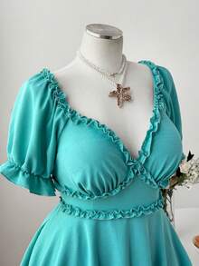 Flirla Plus Size V-Neck Ruffle Patchwork Waist Jumpsuit, Suitable For Summer - Mint Green - View 5
