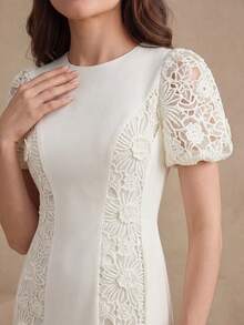 Robe longue élégante pour femmes Anewsta printemps/été, col rond, manches en pétales, mélange de tissus tissés, appliques en dentelle, ourlet en queue de poisson - Nude - Voir 1