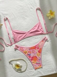 Swim Mod 2026新款女士夏季沙滩度假无肩带露背性感可爱彩虹印花高腰比基尼泳衣套装 - 彩色 - 查看 3