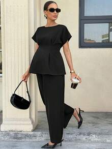 MaterniWear Maternity Elegant Solid Color Top & Pants 2 Pieces Set - Black - View 4