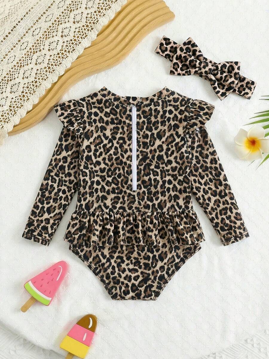 Baby Girls Leopard Print Swimsuit With Ruffles And Sleeves,Includes Headband,Fashionable Cheetah Romper Rash Guard For Holiday Beach Vacation - Multicolor - View 1