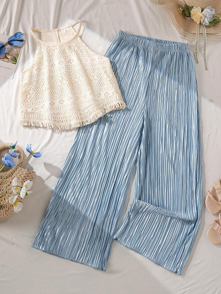 SHEIN Vintaside Kids 两件套少女精致镂空钩编流苏装饰吊带无袖上衣搭配阔腿褶皱裤,宽松垂坠廓形,适合日常外出、休闲旅行、度假穿着、拍照等夏季场合。 - 藍色 - 查看 1