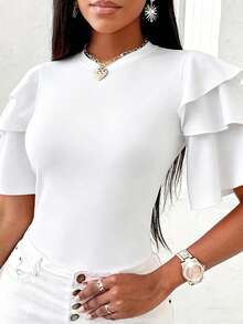 EMERY ROSE Women's Elegant Solid Color Ruffle Hem T-Shirt, Summer - White - View 3