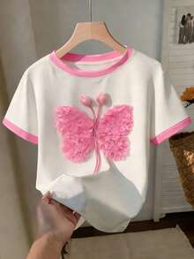 Resyla Women's Elegant Sexy 3D Flower Butterfly Decor T-Shirt Summer Golf White - White - View 3