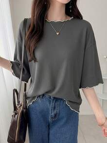 FRIFUL Women's Wavy Striped Loose Contrast Trim Short Sleeve T-Shirt, Summer Casual Wear - Grey - View 5