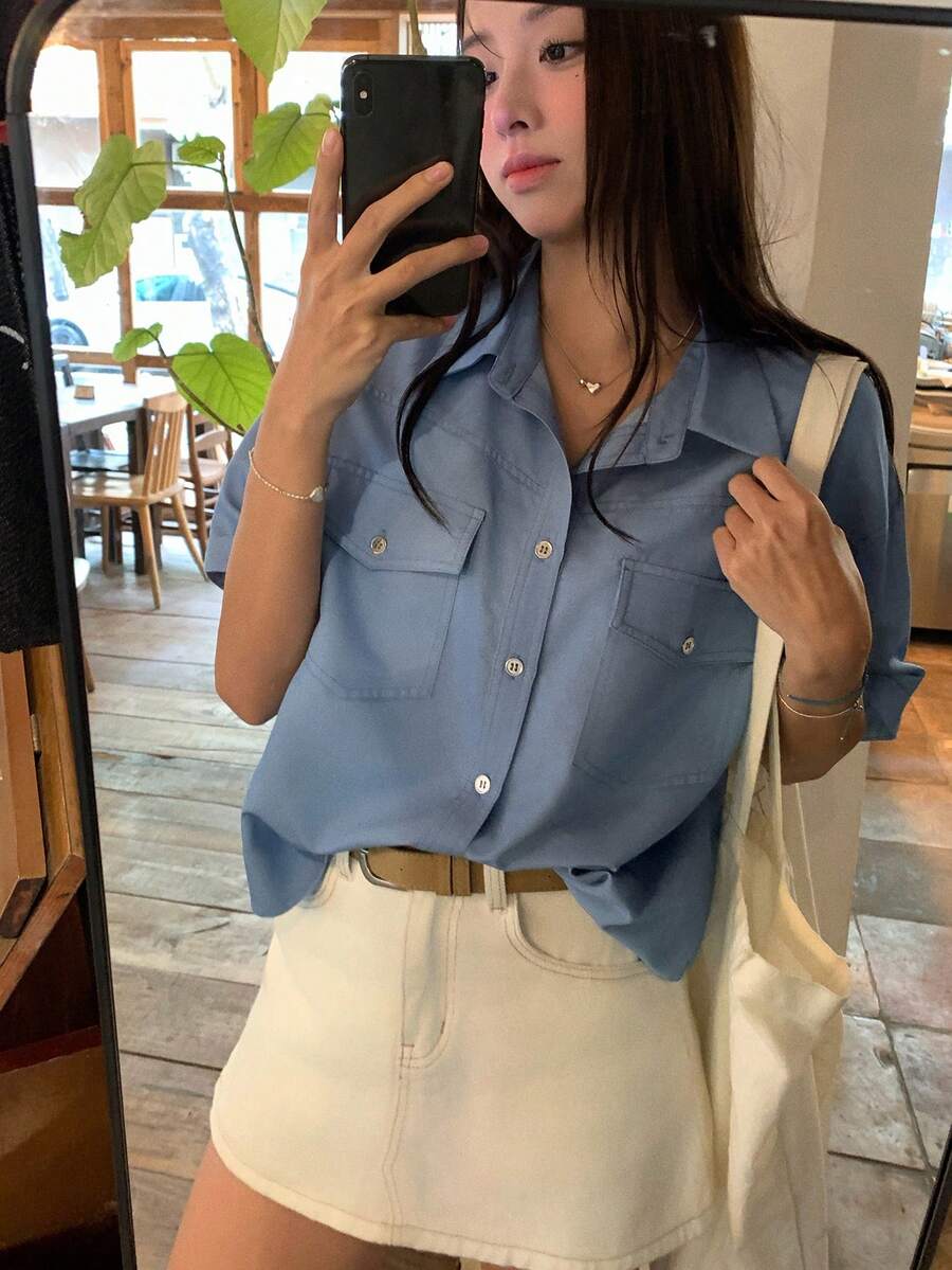 DAZY 女款純色休閒韓風丹寧襯衫,附領子 - 藍色 - 查看 1