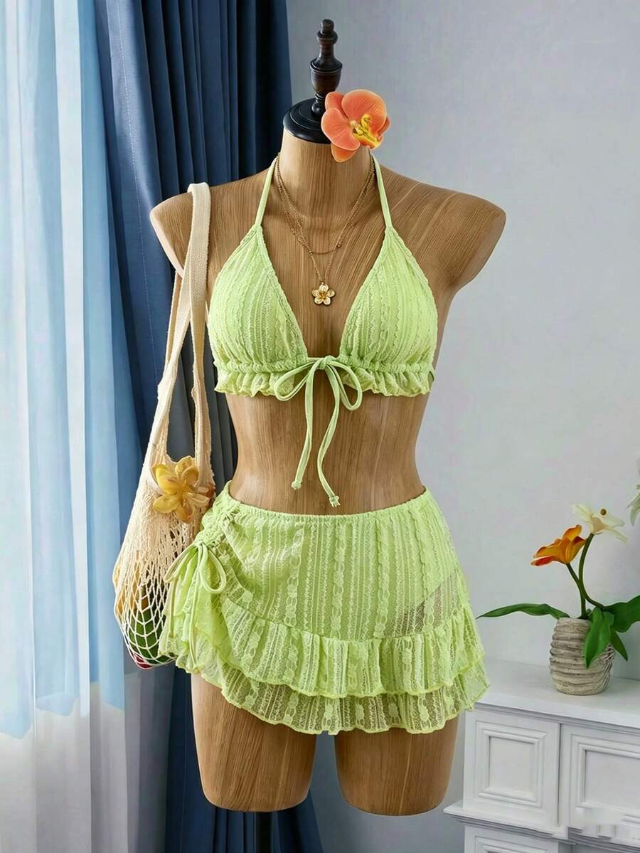 Bellisia Bộ bikini tam giác và váy đi biển bằng vải ren màu mơ ngọt ngào dành cho nữ, thích hợp cho kỳ nghỉ hè. - màu xanh lá - Xem 1