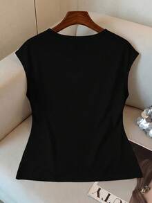 Elenzga Kaos Wanita Ukuran Besar Warna Polos Kasual Kerah Bulat, Cocok untuk Pemakaian Sehari-hari - Hitam - View 2