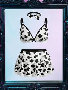 Fantasy Costume Fantasy Costume Conjunto de lencería de talla grande (Sujetador sin aros, Tanga, Mini falda, Gargantilla) 4 piezas - Blanco y Negro - Ver 3