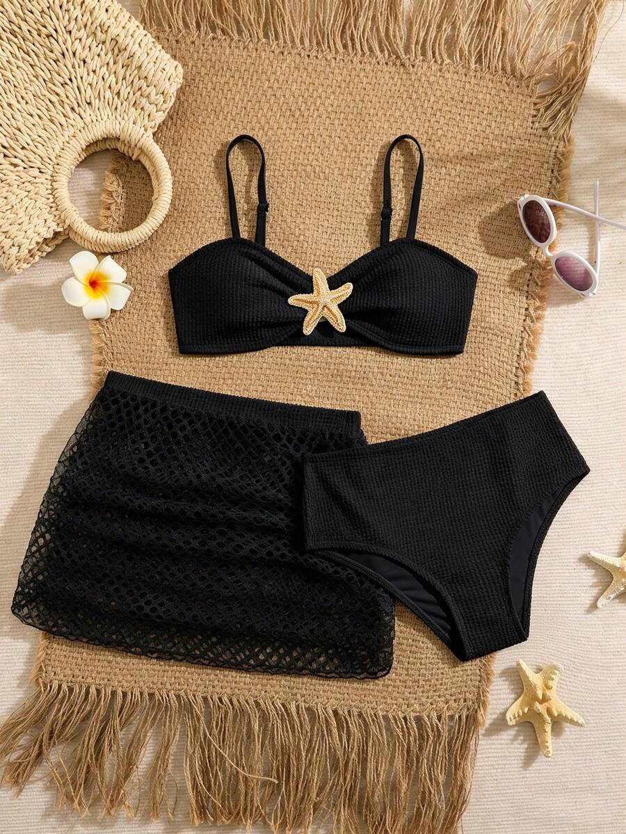 SHEIN 三件套女孩优雅简约比基尼套装,饰有海星图案,搭配荷叶边沙滩裙,适合度假、海滩、游泳,是青少年理想的夏季泳装。 - 黑色 - 查看 1