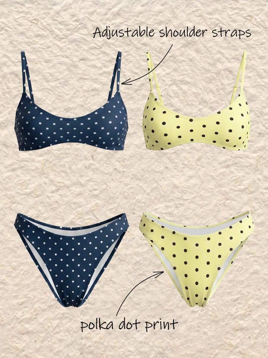 Swim Mod Bộ 4 món thời trang nữ dễ thương gợi cảm đi biển, áo quây chấm bi có thể điều chỉnh và quần bikini, thích hợp cho bãi biển, hồ bơi, tiệc tùng, mùa xuân/hè. - Nhiều màu - Xem 1