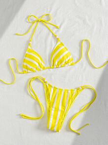 Swim Mod Bộ bikini buộc dây cổ yếm thời trang mới nhất dành cho nữ, thiết kế sọc vàng trắng đính hạt, kiểu dáng thanh lịch và gợi cảm. - Màu vàng - Xem 6
