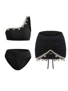 Swim Oasis Women's Summer New Beach Swim Fashion Vacation Exquisite High-End Elegant Textured Fabric Ocean Shell Woven Strap Pendant Decor Bandeau Asymmetrical Neck Bikini With Drawstring Adjustable Skirt 3-Piece Swimwear Set Suitable For Beach Vacation Swimming - Black - View 1