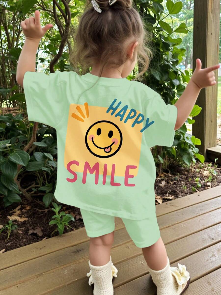 Baby Girls Lime Green Cute Face Print 2 Piece Set,Summer Casual Round Neck Short Sleeve T-Shirt And Tight Cycling Shorts For Vacation Daily Wear - Multicolor - View 1