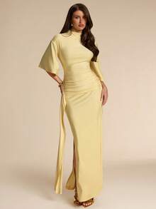 SHEIN BAE Vestido de mujer de manga corta con cuello de tortuga, abertura lateral con lazo, color amarillo. Vestido elegante, ideal para vacaciones, dama de honor, fiesta de cumpleaños, regreso a clases/graduación. - Amarillo - Ver 4