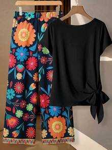 SHEIN Clasi 两件套女士夏季休闲套装，绿色蝴蝶结衬衫搭配宽松直筒几何印花裤 - 黑色 - 查看 2