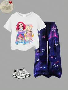 2件套女童时尚星星字母渐变印花短袖上衣和渐变星星印花口袋工装裤套装，适合夏季外出穿着 - 彩色 - 查看 3