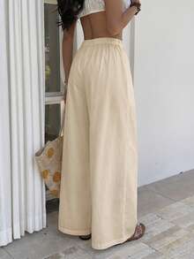 Pantalones Casuales de Color Sólido con Cintura Ajustable - Caqui - Ver 3
