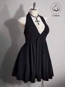 SHEIN ICON 大码女式水洗棉黑色吊带连衣裙 - 黑色 - 查看 5