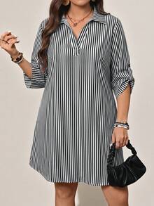 SHEIN LUNE 大码女式条纹卷袖休闲宽松连衣裙 - 黑與白 - 查看 5
