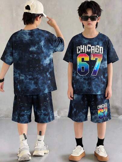 SHEIN Bộ 2 món đồ dành cho bé trai/thiếu niên, phong cách đường phố năng động, nhuộm tie-dye tối giản, in hình số 67, tay ngắn, cổ tròn, thích hợp đi làm, đi học, mặc thường ngày, chơi thể thao, mùa xuân/hè.