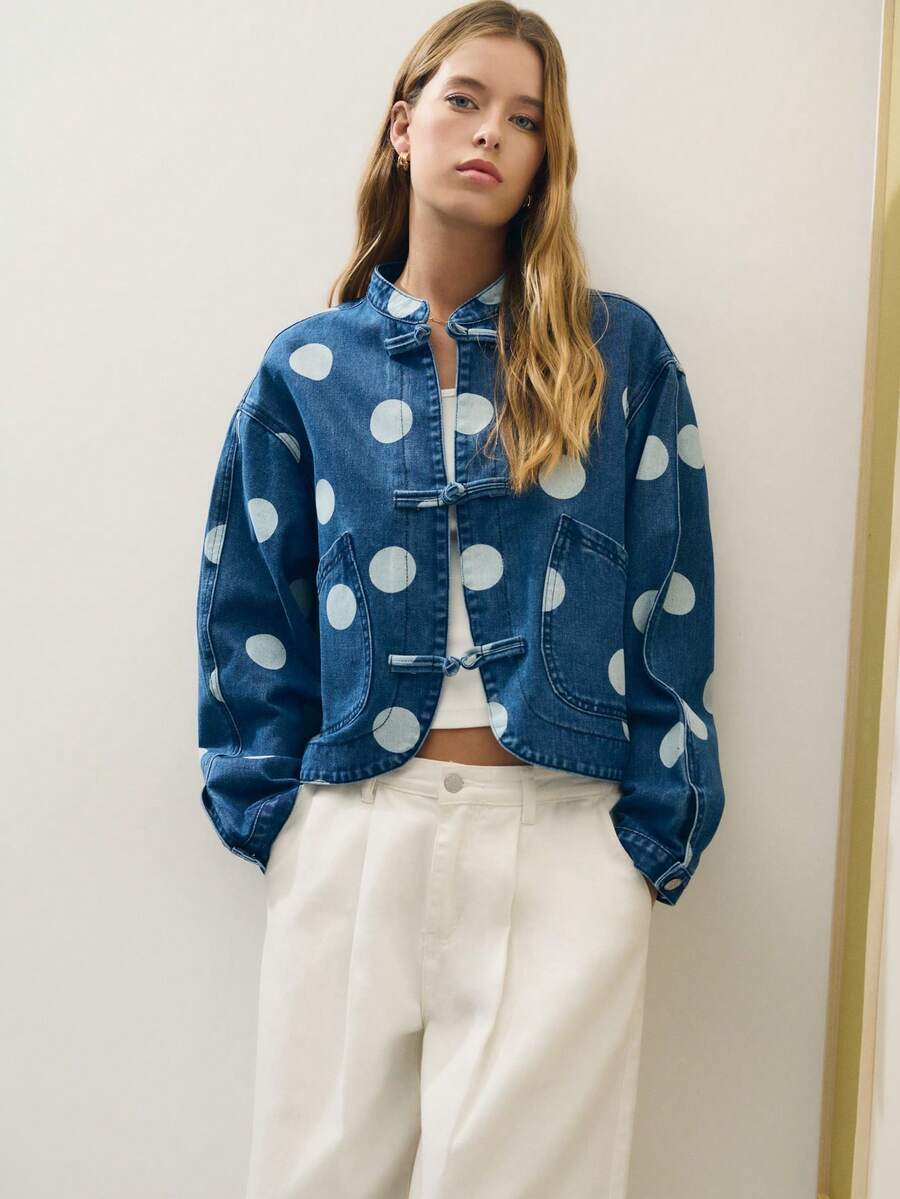 Nöista Denim Jacket In Dots Print With Chinese Buttons Detail In Front Opening. Festival, Mother's Day Outfit, , Casual, Graduation. - Dark Wash - View 1