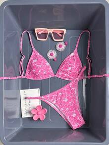 Swim Vcay Women's Printed Spaghetti Strap Sexy Tropical Beach Vacation Swimwear Set Hot Pink Summer - Multicolor - View 3