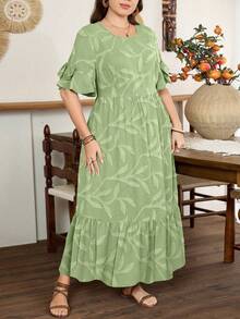 Lacomfia Vestido de manga corta con volantes, lazo y decoración inspirada en la naturaleza, elegante y minimalista, color verde, para mujer - Verde - Ver 4