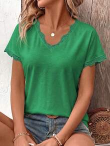 Selamara Women's Spring/Summer New V-Neck Lace Trim Short Sleeve T-Shirt - Dark Green - View 4