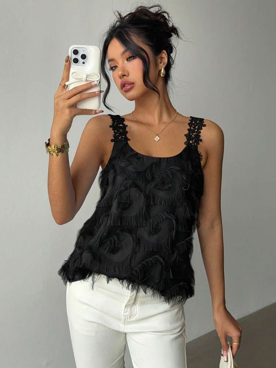 Rafferiza Women's Solid Color Elegant Casual Floral Lace Patchwork Textured Sleeveless Top - Black - View 1