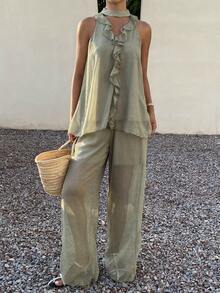DAZY Women's Spaghetti Strap Ruffle V-Neck Loose Tank Top And Wide Leg Pants 2 Pieces Set Vacation Summer - Green - View 3