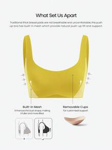 GLOWMODE FeatherFit™-Sculpt Push-Up Compressive Built-In Mesh Straps Removable Cups V-Back Demi Sports Bra Running Workout Gym - Sunlit Yellow - View 3