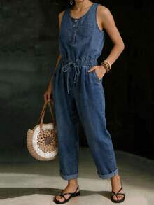 Bộ jumpsuit denim nữ kiểu dáng thường ngày, có dây rút ở eo, thích hợp cho kỳ nghỉ và đi làm. - Rửa tối - Xem 4