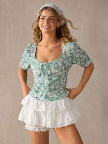 WESTFADE Áo thun nữ tay phồng 1/4, cài cúc, kiểu smocked. - màu xanh lá - Xem 5