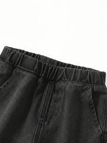 SHEIN 女童休闲柔软棉质牛仔裤，松紧腰，喇叭裤脚，宽松版型，适合日常穿着和度假，黑灰色水洗 - 深灰色 - 查看 7