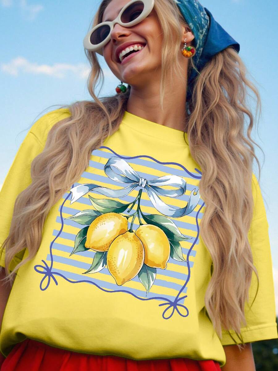 DrmWander Camiseta casual de talla grande con estampado de limón y lazo en acuarela - Amarillo - Ver 1