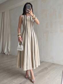 Modelyn Đầm midi dáng chữ A không tay màu mơ dệt kim, thắt eo, phối màu, dành cho nữ, thanh lịch và lãng mạn, thích hợp cho mùa xuân/hè. - Màu be - Xem 6